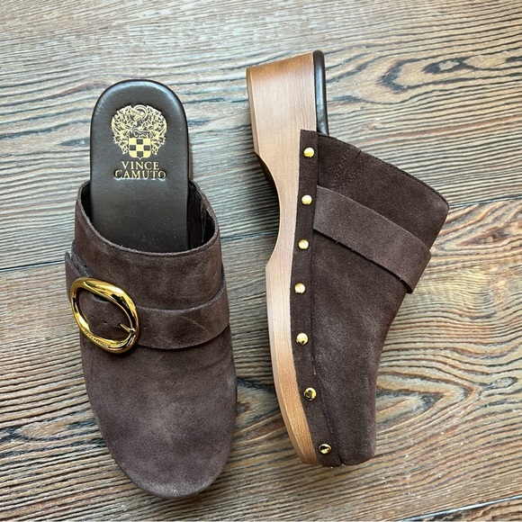 Vince Camuto Shoes - NEW Vince Camuto Brown Suede Clogs Slides Gold Big Buckle Gold Studs Size 9.5